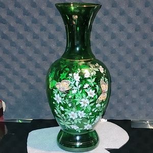 VINTAGE NORLEANS ITALIAN MADE FLORAL/BUTTERFLIES HANDPAINTED GREEN VASE 16" Tall